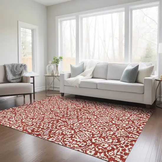 Red And Ivory Damask Washable Indoor Outdoor Area Rug Photo 9