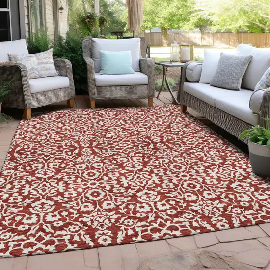 Red And Ivory Damask Washable Indoor Outdoor Area Rug Photo 8