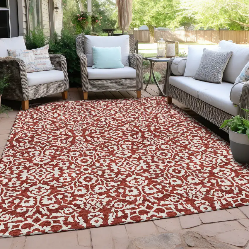 Red And Ivory Damask Washable Indoor Outdoor Area Rug Photo 8