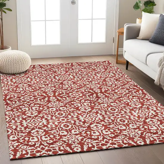 Red And Ivory Damask Washable Indoor Outdoor Area Rug Photo 9