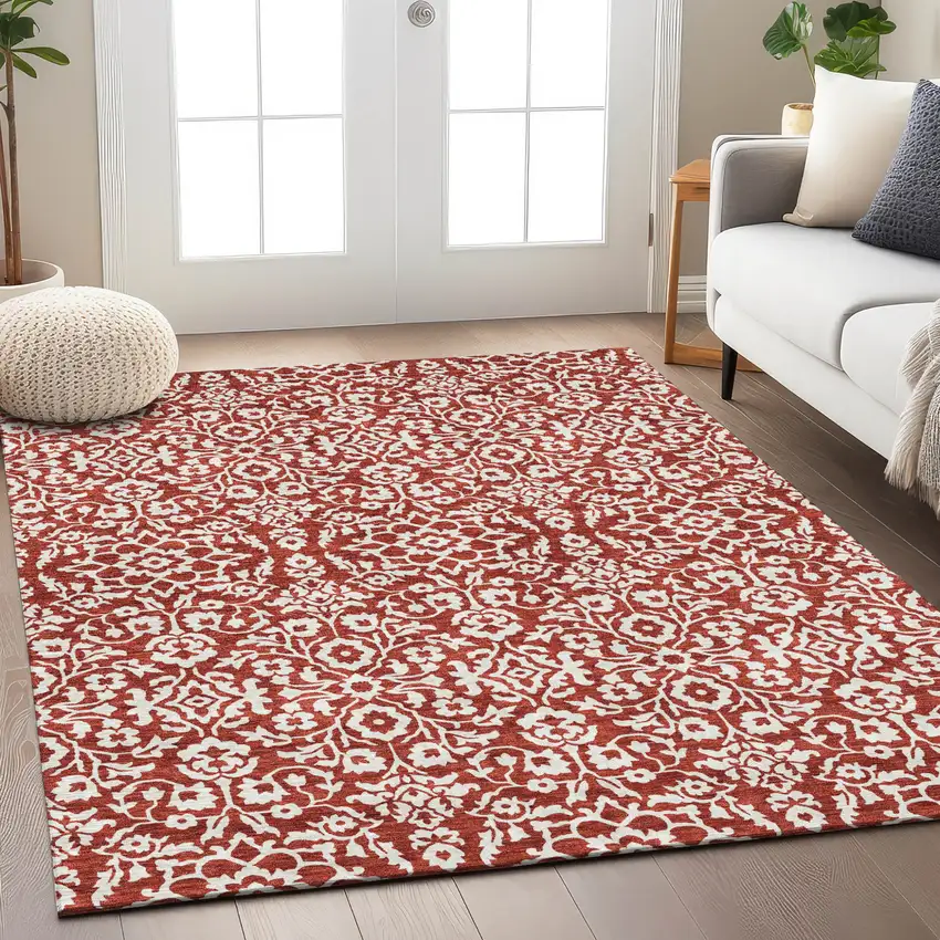 Red And Ivory Damask Washable Indoor Outdoor Area Rug Photo 9
