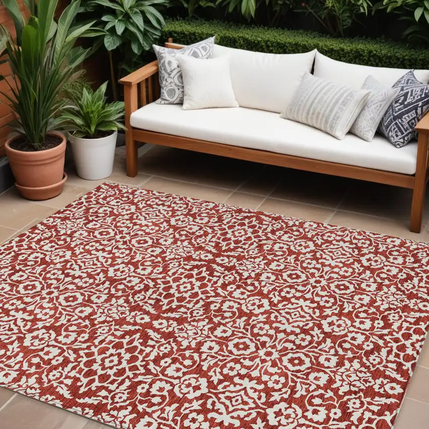 Red And Ivory Damask Washable Indoor Outdoor Area Rug Photo 1