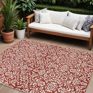 Photo of Red And Ivory Damask Washable Indoor Outdoor Area Rug