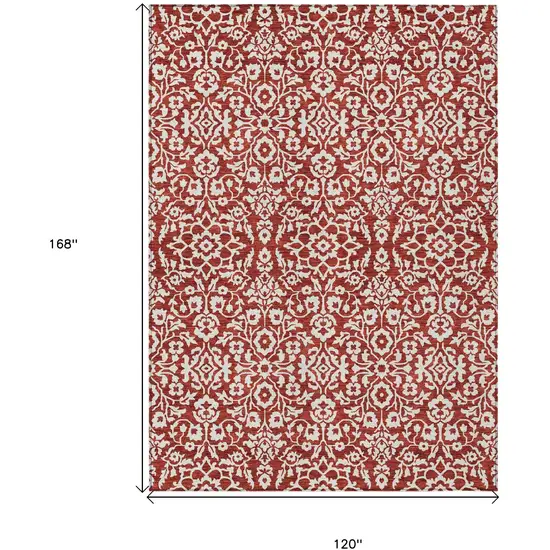 Red And Ivory Damask Washable Indoor Outdoor Area Rug Photo 3