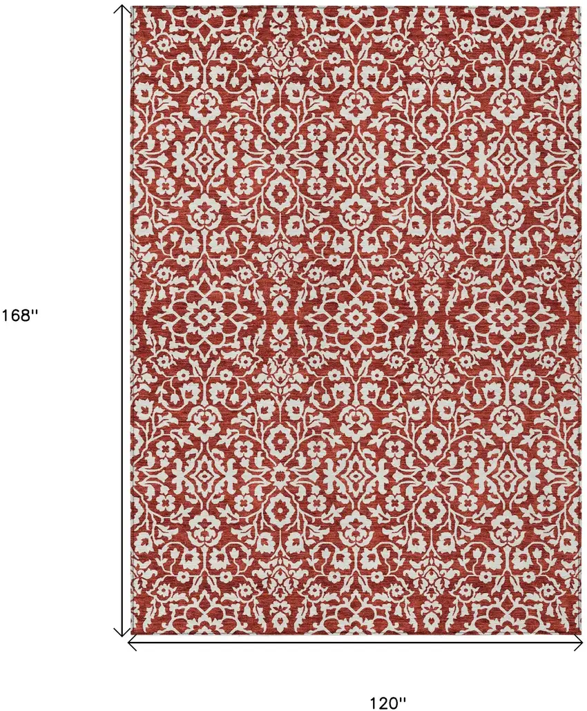 Red And Ivory Damask Washable Indoor Outdoor Area Rug Photo 3
