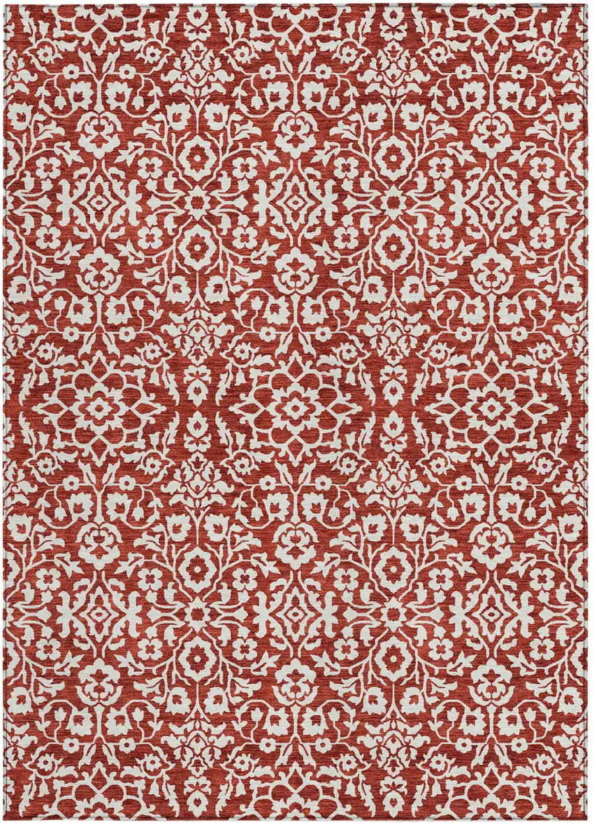 Red And Ivory Damask Washable Indoor Outdoor Area Rug Photo 7