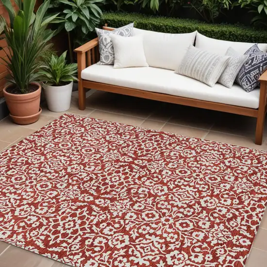 Red And Ivory Damask Washable Indoor Outdoor Area Rug Photo 1