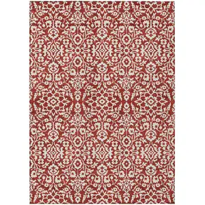 Photo of Red And Ivory Damask Washable Indoor Outdoor Area Rug