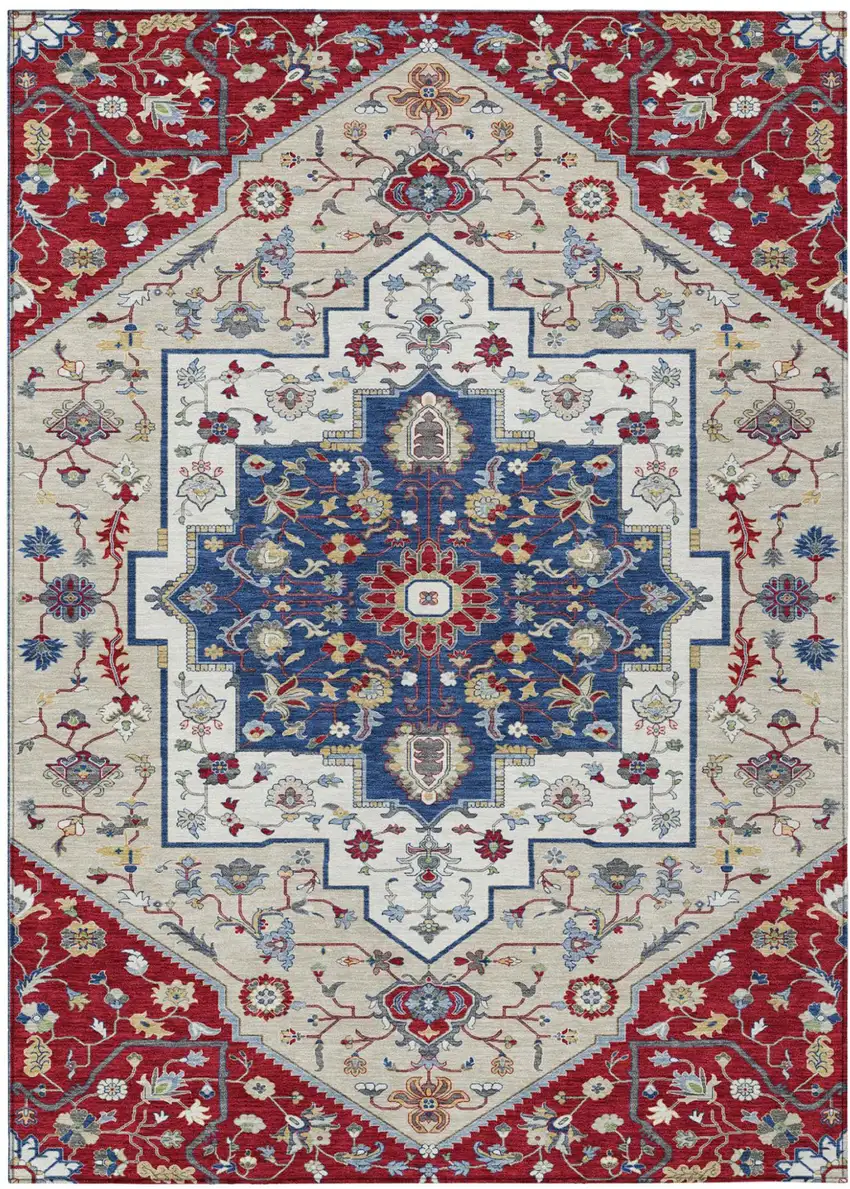 Red And Ivory Floral Medallion Washable Indoor Outdoor Area Rug Photo 2