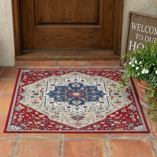 Red And Ivory Floral Medallion Washable Indoor Outdoor Area Rug Photo 1