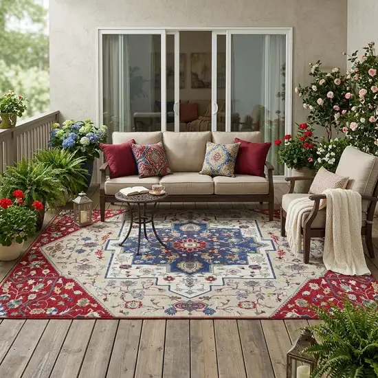 Red And Ivory Floral Medallion Washable Indoor Outdoor Area Rug Photo 1