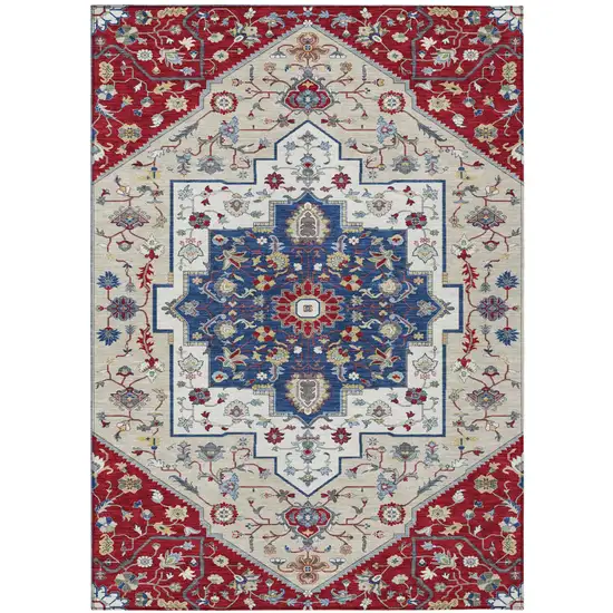 Red And Ivory Floral Medallion Washable Indoor Outdoor Area Rug Photo 2