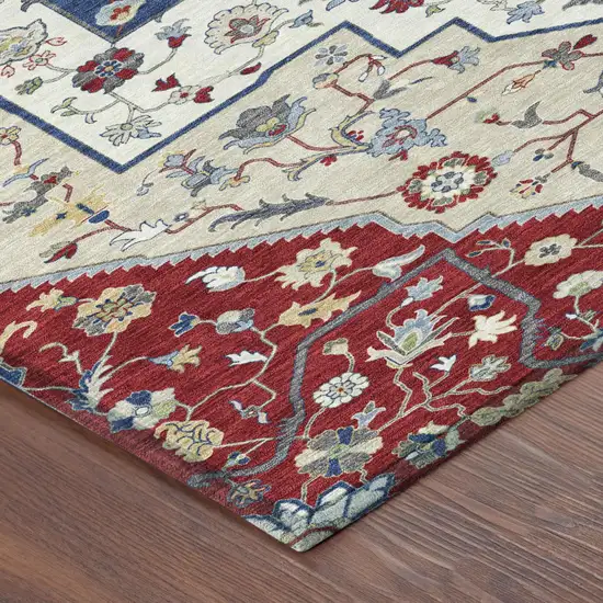 Red And Ivory Floral Medallion Washable Indoor Outdoor Area Rug Photo 5