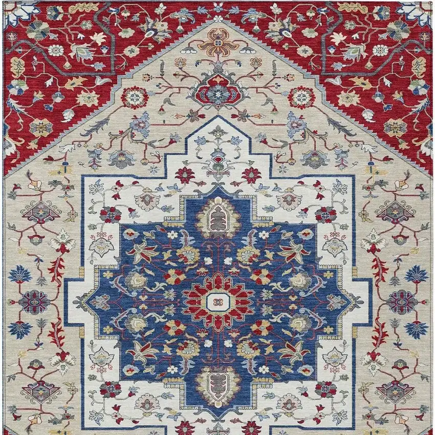 Red And Ivory Floral Medallion Washable Indoor Outdoor Area Rug Photo 4