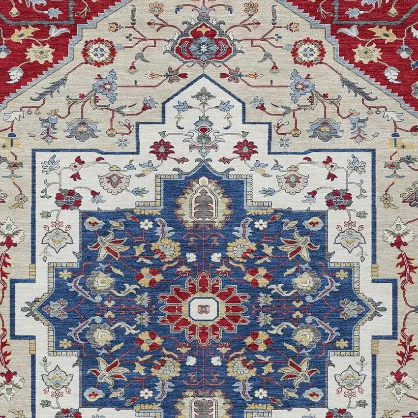 Red And Ivory Floral Medallion Washable Indoor Outdoor Area Rug Photo 3