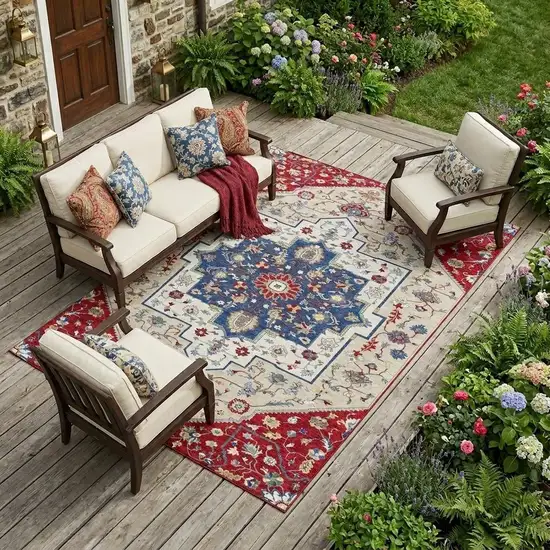 Red And Ivory Floral Medallion Washable Indoor Outdoor Area Rug Photo 1