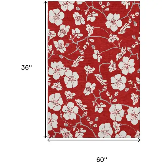 Red And Ivory Floral Washable Area Rug With UV Protection Photo 9