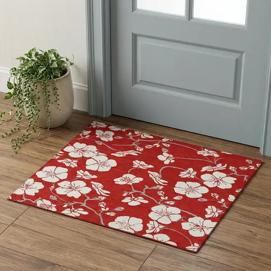 Red And Ivory Floral Washable Area Rug With UV Protection Photo 1