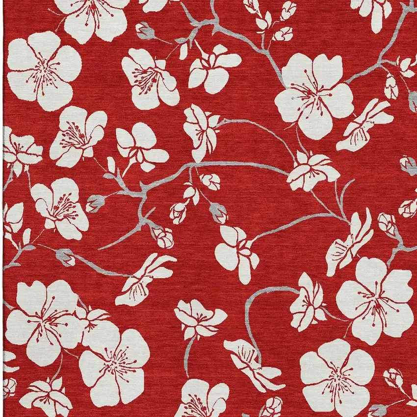 Red And Ivory Floral Washable Area Rug With UV Protection Photo 4