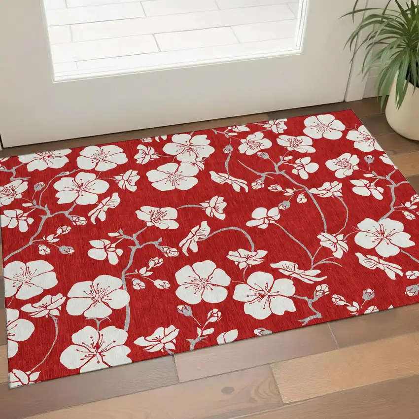 Red And Ivory Floral Washable Area Rug With UV Protection Photo 1