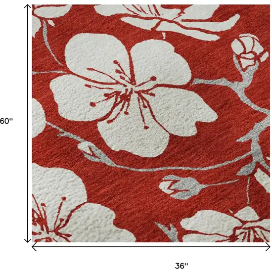 Red And Ivory Floral Washable Area Rug With UV Protection Photo 8