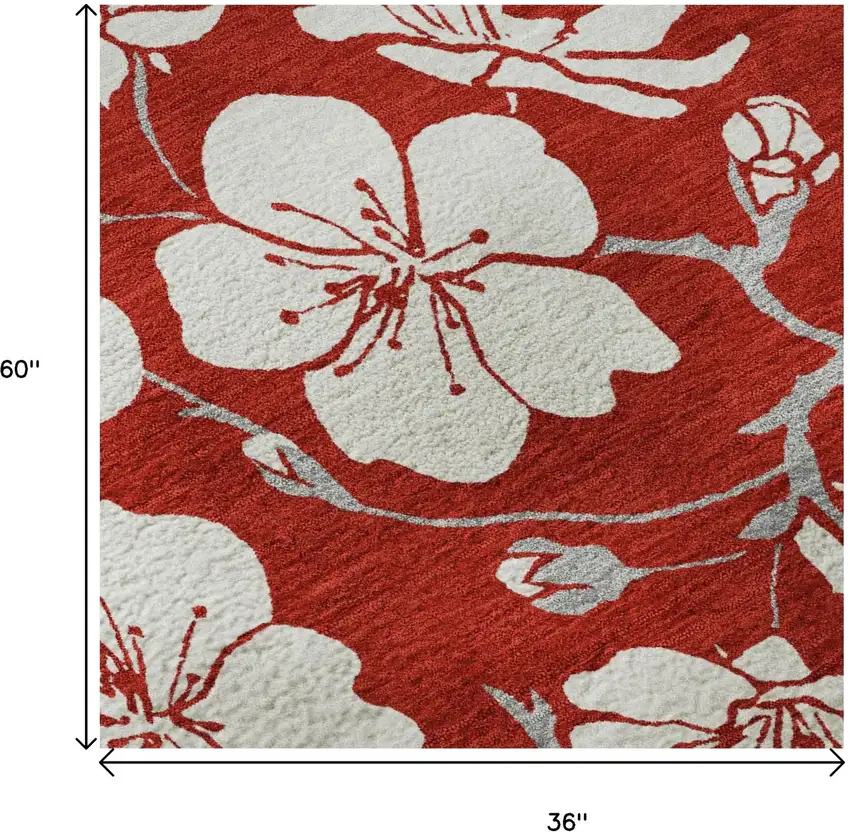 Red And Ivory Floral Washable Area Rug With UV Protection Photo 8
