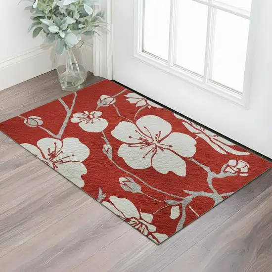 Red And Ivory Floral Washable Area Rug With UV Protection Photo 2