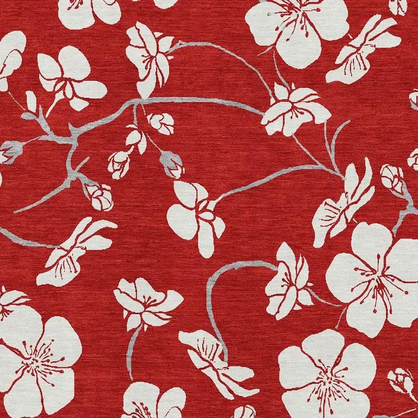 Red And Ivory Floral Washable Area Rug With UV Protection Photo 3
