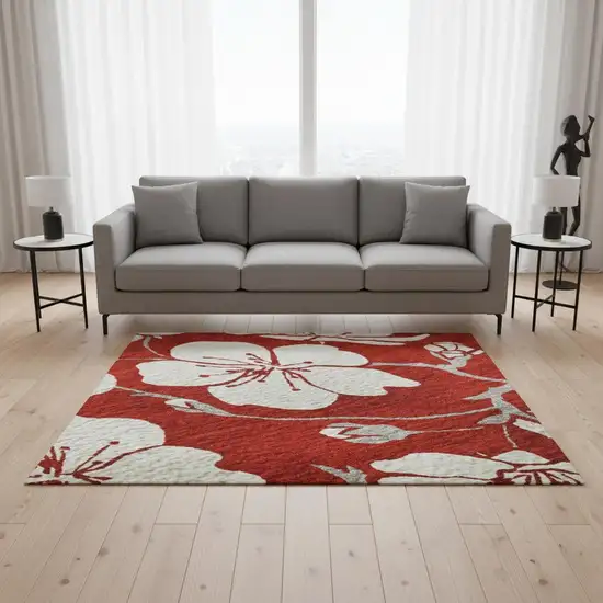 Red And Ivory Floral Washable Area Rug With UV Protection Photo 2