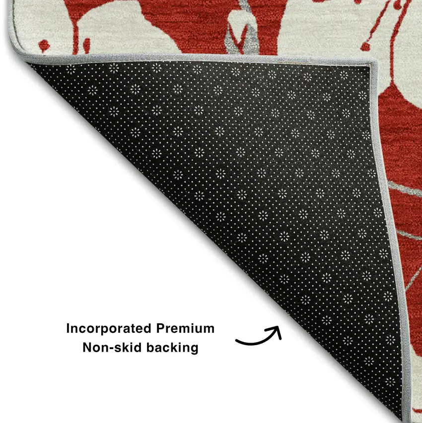 Red And Ivory Floral Washable Area Rug With UV Protection Photo 5