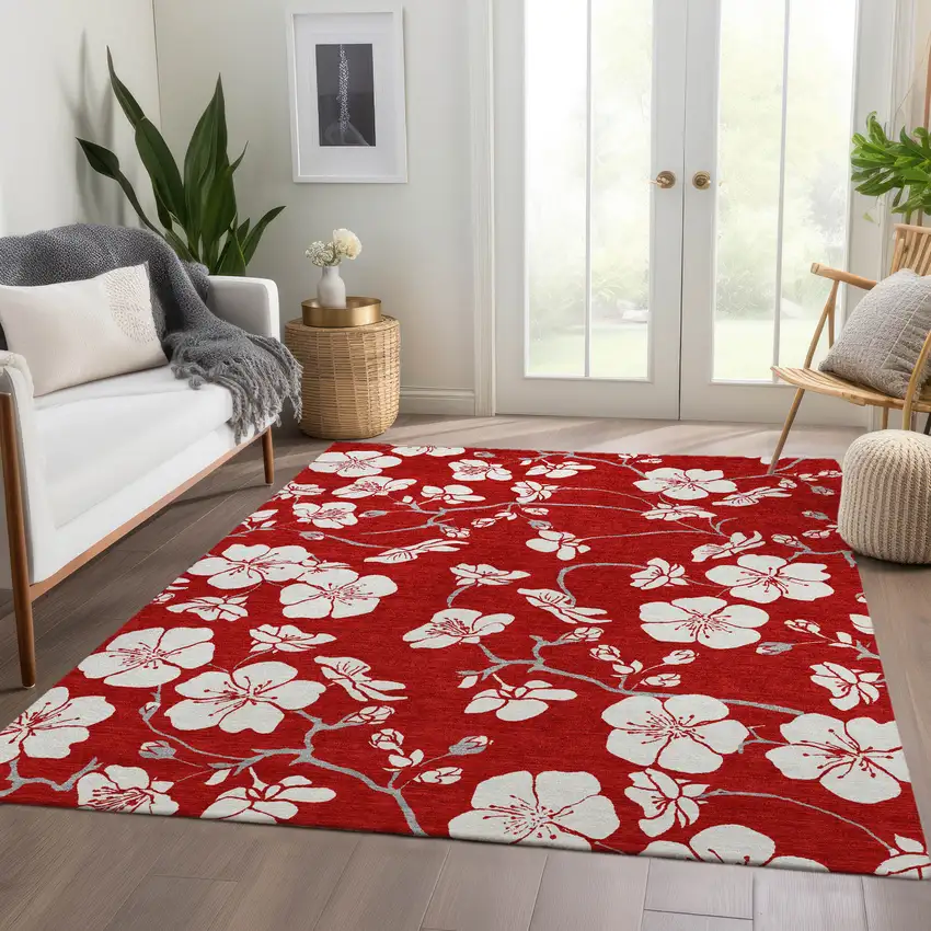 Red And Ivory Floral Washable Area Rug With UV Protection Photo 3