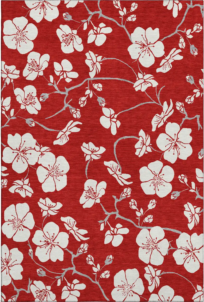 Red And Ivory Floral Washable Area Rug With UV Protection Photo 4