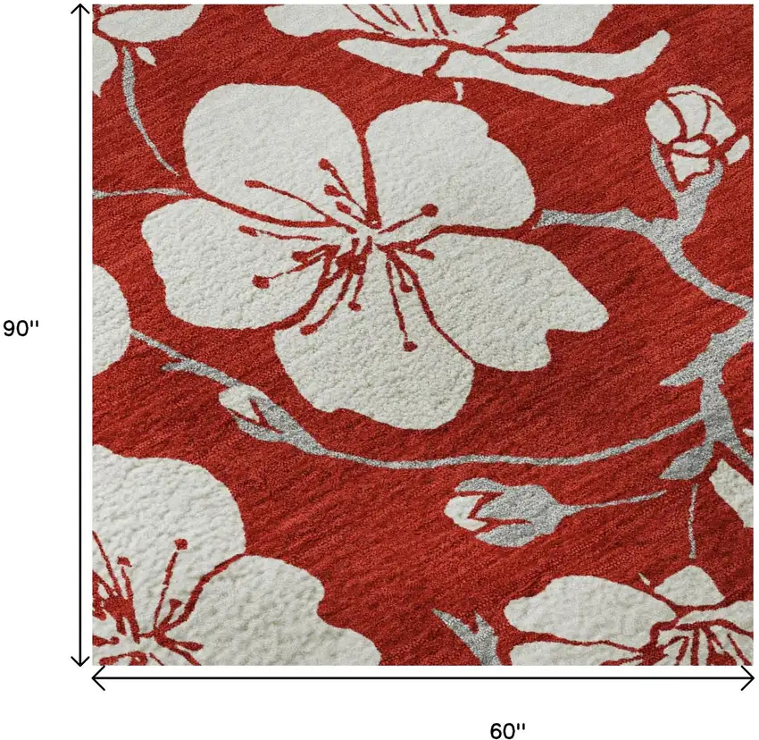 Red And Ivory Floral Washable Area Rug With UV Protection Photo 8