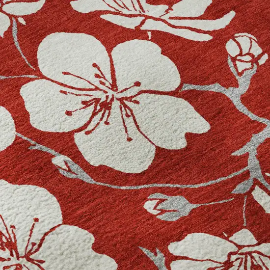 Red And Ivory Floral Washable Area Rug With UV Protection Photo 1
