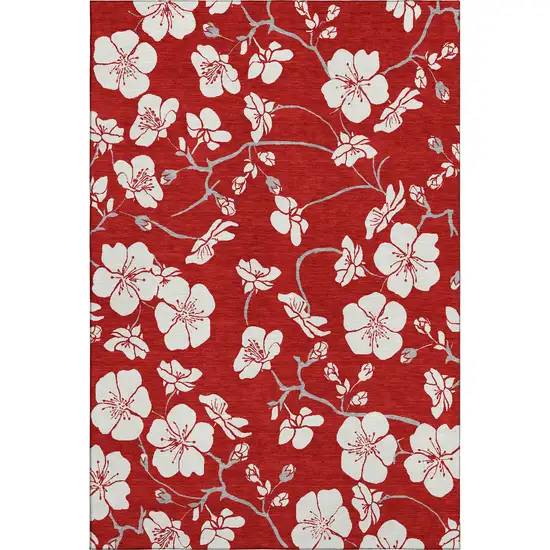 Red And Ivory Floral Washable Area Rug With UV Protection Photo 4