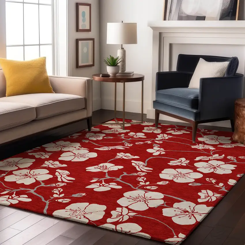Red And Ivory Floral Washable Area Rug With UV Protection Photo 2