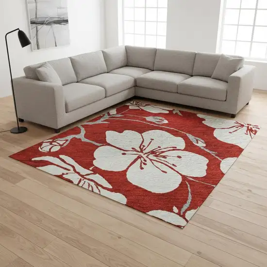 Red And Ivory Floral Washable Area Rug With UV Protection Photo 2
