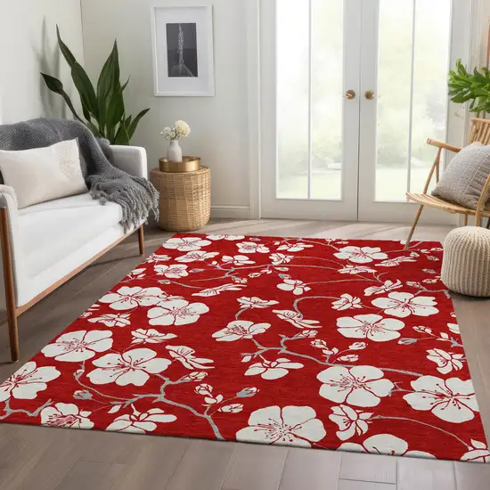 Red And Ivory Floral Washable Area Rug With UV Protection Photo 3