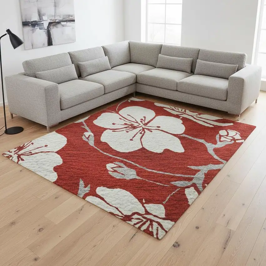 Red And Ivory Floral Washable Area Rug With UV Protection Photo 2