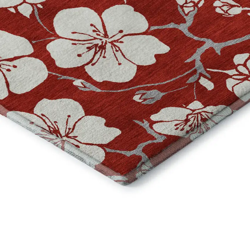 Red And Ivory Floral Washable Area Rug With UV Protection Photo 7