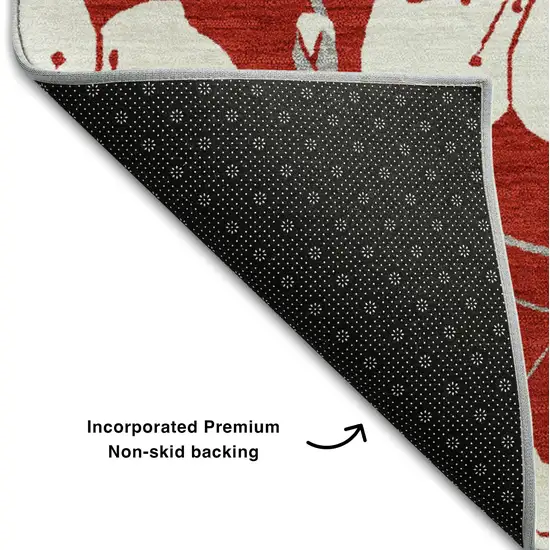 Red And Ivory Floral Washable Area Rug With UV Protection Photo 6