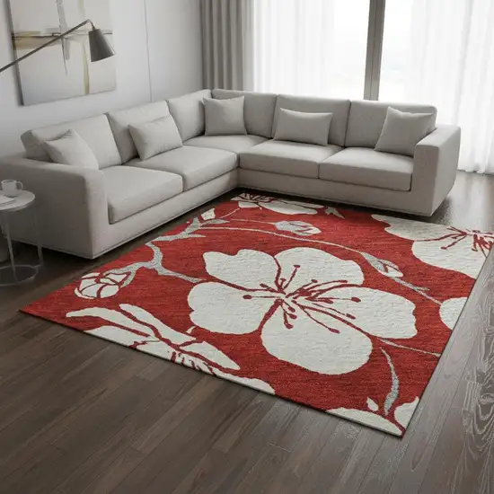 Red And Ivory Floral Washable Area Rug With UV Protection Photo 2