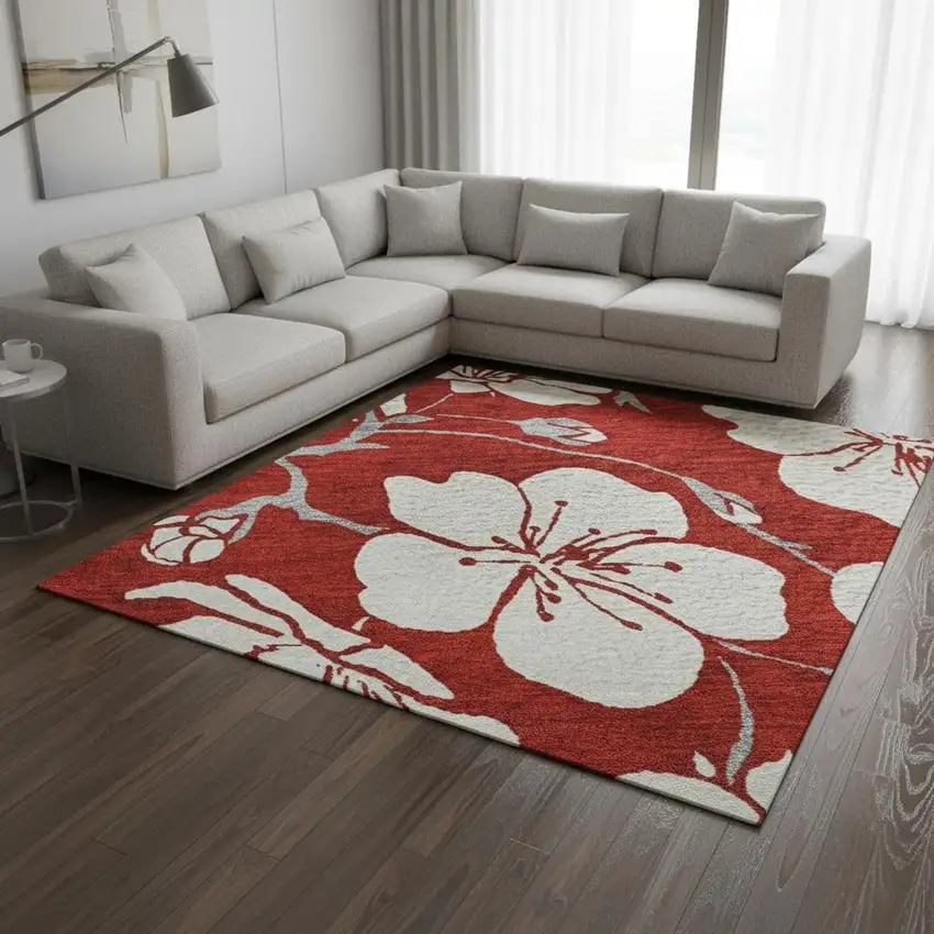 Red And Ivory Floral Washable Area Rug With UV Protection Photo 2