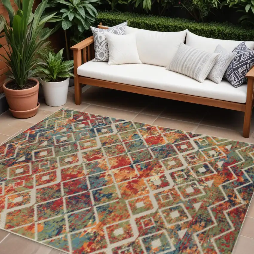 Red And Ivory Geometric Non Skid Indoor Outdoor Area Rug Photo 1