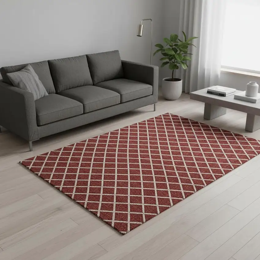Red And Ivory Geometric Washable Area Rug With UV Protection Photo 1