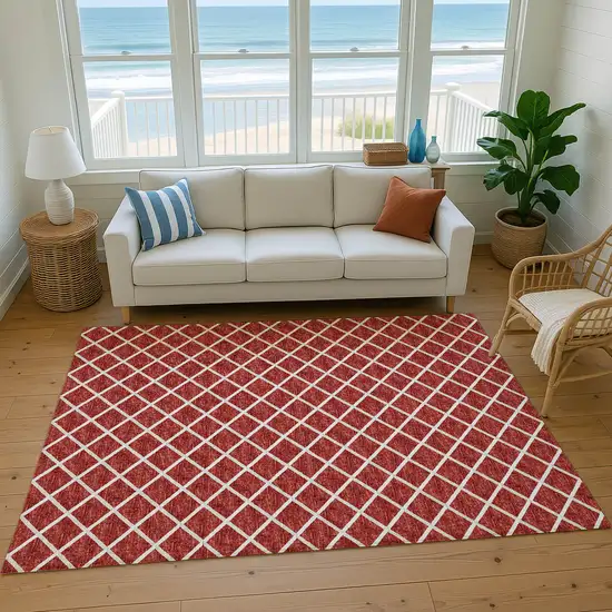 Red And Ivory Geometric Washable Area Rug With UV Protection Photo 6
