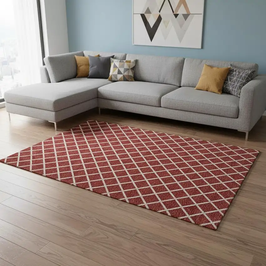 Red And Ivory Geometric Washable Area Rug With UV Protection Photo 1