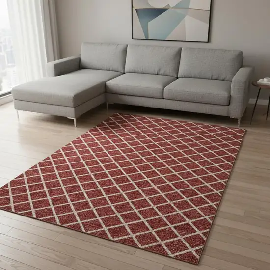 Red And Ivory Geometric Washable Area Rug With UV Protection Photo 1