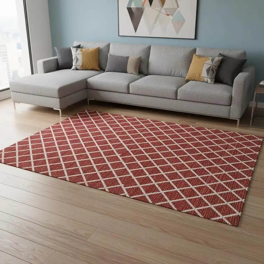 Red And Ivory Geometric Washable Area Rug With UV Protection Photo 1