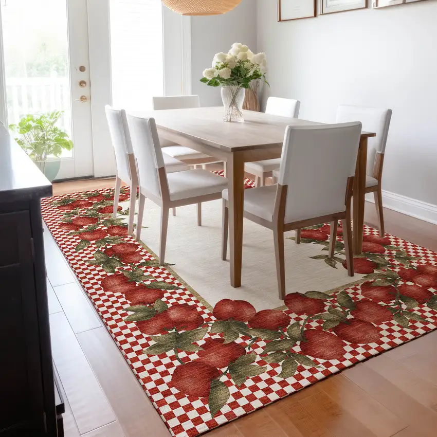 Red And Ivory Geometric Washable Area Rug With UV Protection Photo 5